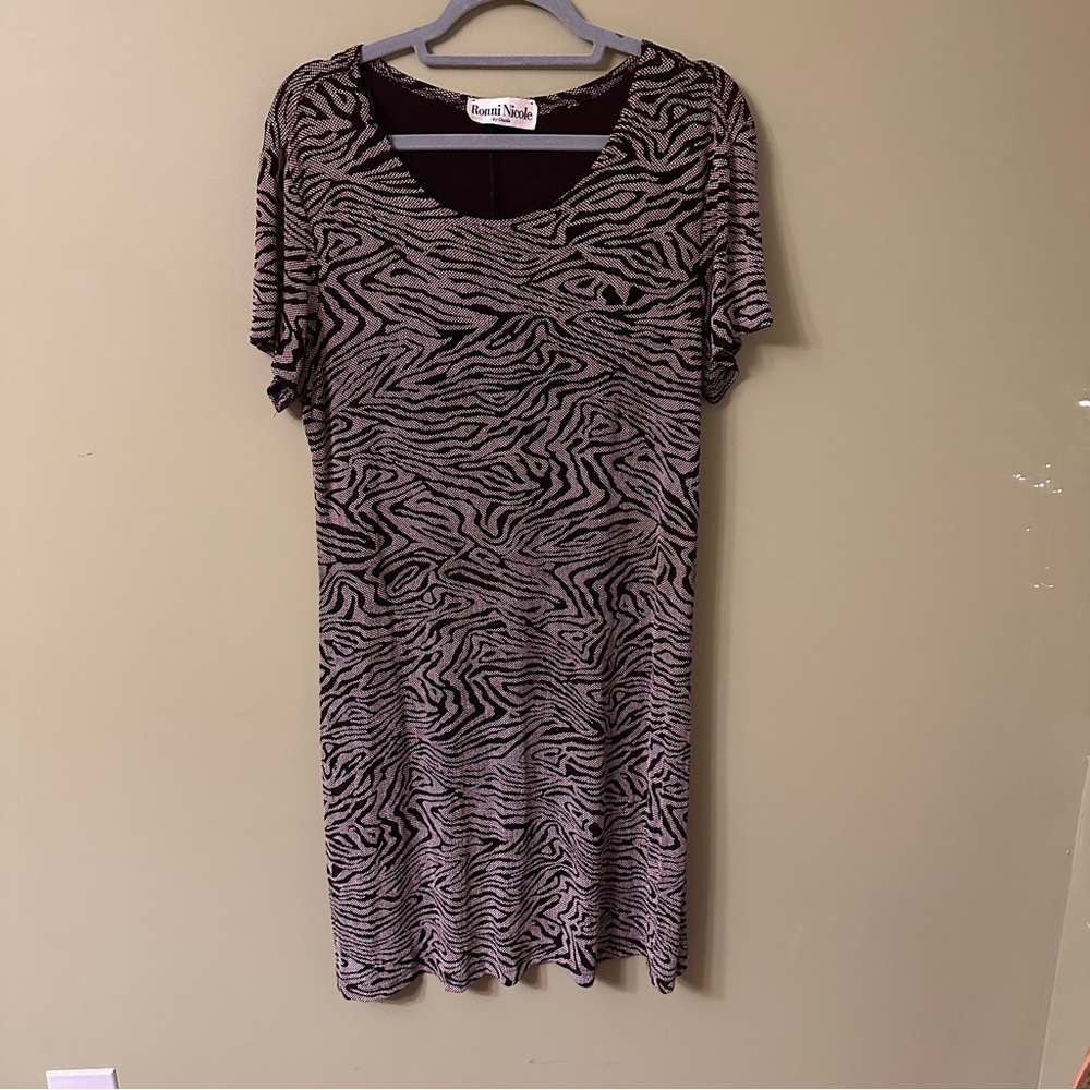 VTG Ronni Nicole Ouida Stretchy Dress‎ 14 Brown Psychedelic Animal Print 90s